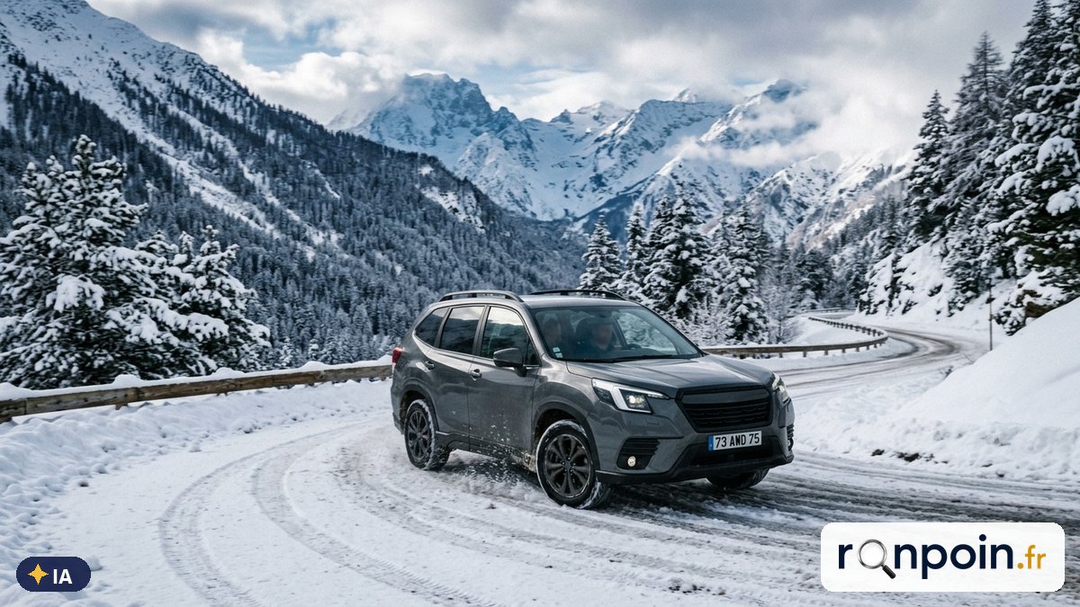 Image générée par intelligence artificielle SUV familial gris roulant sur une route de montagne enneigée dans les Alpes — illustration générée par IA