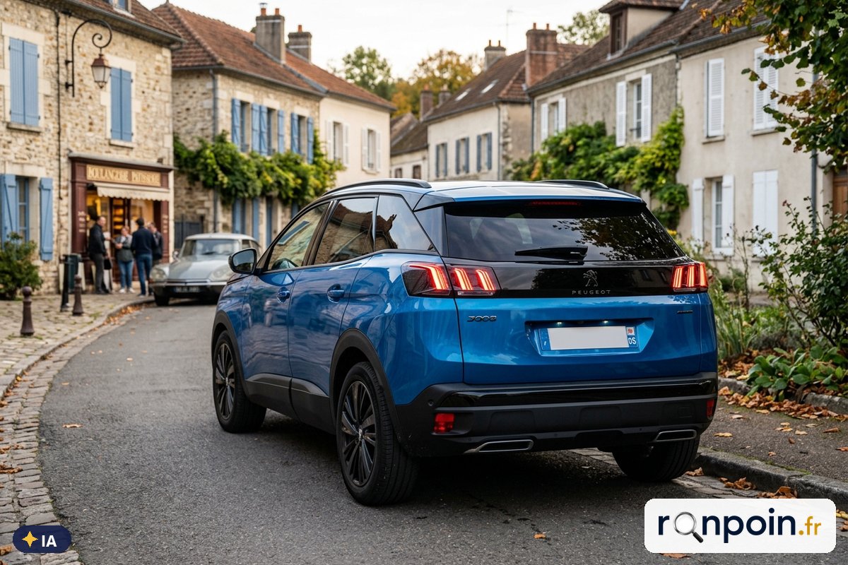 Peugeot 3008 II bleu de trois quarts arrière — illustration générée par IA