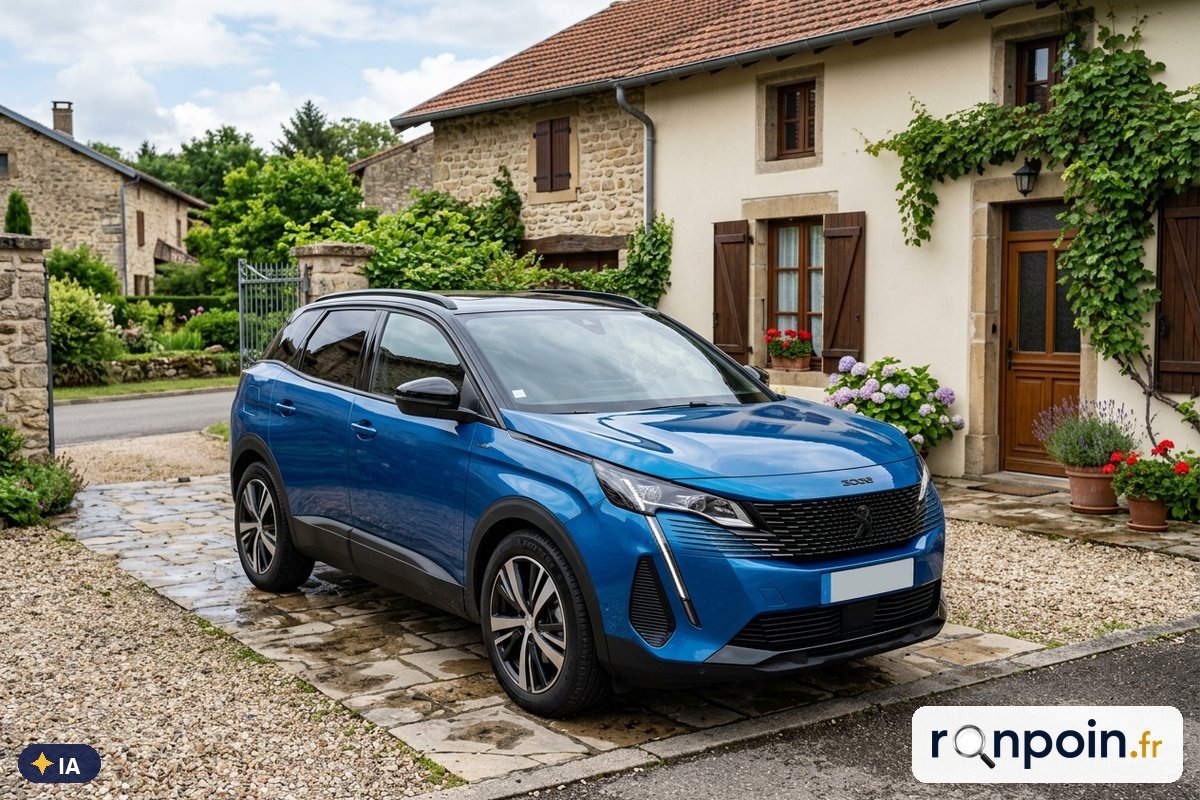 Peugeot 3008 II bleu de trois quarts avant — illustration générée par IA