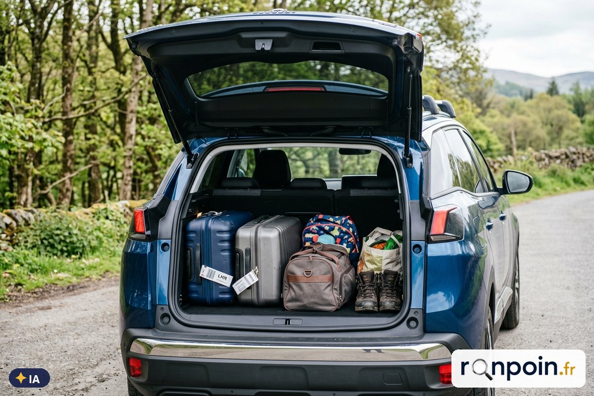 Coffre d'un Peugeot 3008 II chargé de bagages — illustration générée par IA