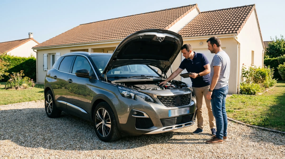Agent automobile inspectant un SUV familial avec une tablette devant une maison, illustration du modèle CapCar
