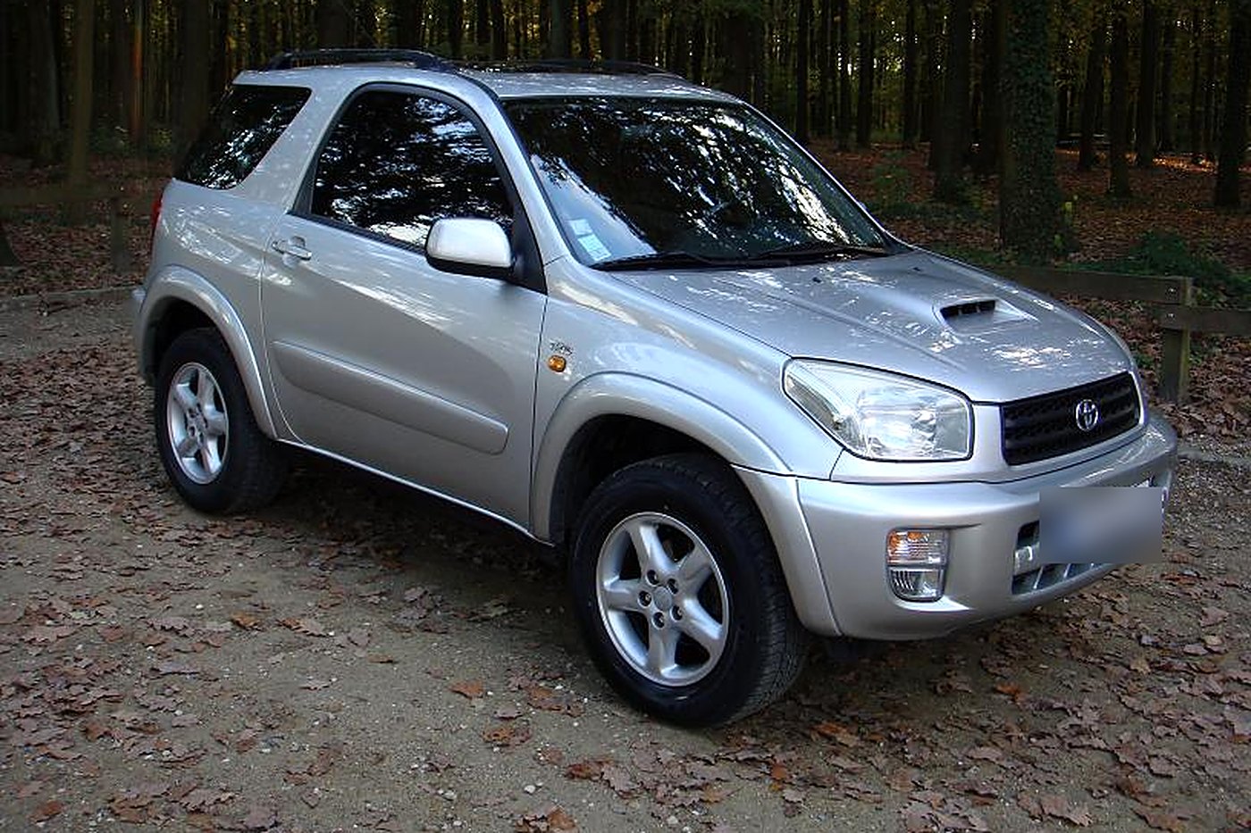 Toyota RAV4 II gris 3 portes de trois quarts avant, prise d'air sur le capot