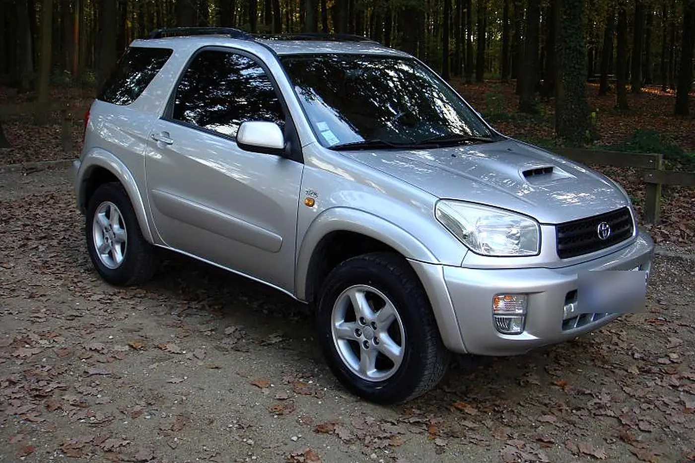 Toyota RAV4 II gris 3 portes de trois quarts avant, prise d'air sur le capot